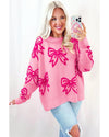Pink Bow Pattern Drop Shoulder Loose Sweater - S