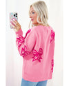 Pink Bow Pattern Drop Shoulder Loose Sweater - S