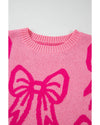 Pink Bow Pattern Drop Shoulder Loose Sweater - S