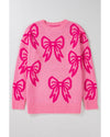 Pink Bow Pattern Drop Shoulder Loose Sweater - S