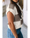 Khaki Checkered Color Block Crew Neck Short Sleeve Sweater - L