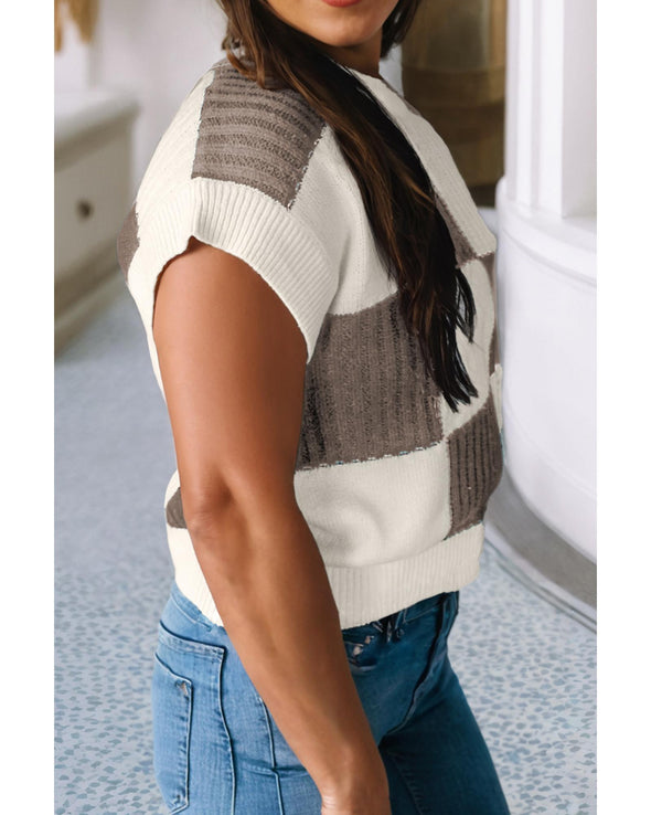 Khaki Checkered Color Block Crew Neck Short Sleeve Sweater - L