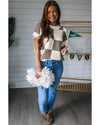 Khaki Checkered Color Block Crew Neck Short Sleeve Sweater - L