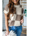 Khaki Checkered Color Block Crew Neck Short Sleeve Sweater - L