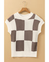 Khaki Checkered Color Block Crew Neck Short Sleeve Sweater - L