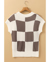 Khaki Checkered Color Block Crew Neck Short Sleeve Sweater - L