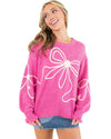 Bright Pink Corded Flower Bow Ribbed Trim Casual Sweater - L
