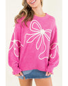 Bright Pink Corded Flower Bow Ribbed Trim Casual Sweater - L