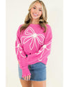 Bright Pink Corded Flower Bow Ribbed Trim Casual Sweater - L