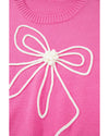 Bright Pink Corded Flower Bow Ribbed Trim Casual Sweater - L