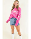 Bright Pink Corded Flower Bow Ribbed Trim Casual Sweater - L