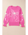 Bright Pink Corded Flower Bow Ribbed Trim Casual Sweater - L
