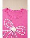 Bright Pink Corded Flower Bow Ribbed Trim Casual Sweater - L