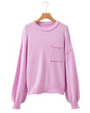 Pink Raw Edge Ribbed Detail Drop Shoulder Sweater - S