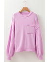 Pink Raw Edge Ribbed Detail Drop Shoulder Sweater - S