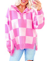 Pink Checkerboard Half Button Collared Drop Shoulder Sweater - M