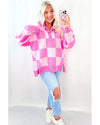 Pink Checkerboard Half Button Collared Drop Shoulder Sweater - M