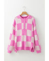 Pink Checkerboard Half Button Collared Drop Shoulder Sweater - M