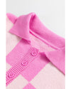 Pink Checkerboard Half Button Collared Drop Shoulder Sweater - M