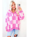Pink Checkerboard Half Button Collared Drop Shoulder Sweater - M