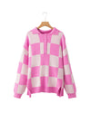 Pink Checkerboard Half Button Collared Drop Shoulder Sweater - M
