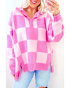 Pink Checkerboard Half Button Collared Drop Shoulder Sweater - M