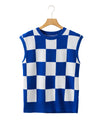 Dark Blue Cherckerboard Round Neck Sweater Vest - L