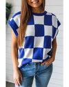 Dark Blue Cherckerboard Round Neck Sweater Vest - L