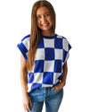 Dark Blue Cherckerboard Round Neck Sweater Vest - L