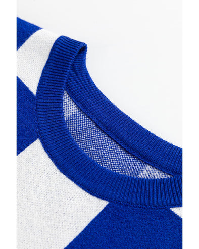 Dark Blue Cherckerboard Round Neck Sweater Vest - S