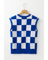 Dark Blue Cherckerboard Round Neck Sweater Vest - S
