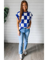 Dark Blue Cherckerboard Round Neck Sweater Vest - S