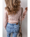 Gossamer Pink Openwork Plaid Puff Sleeve Cropped Sweater - XL