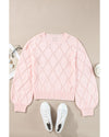 Gossamer Pink Openwork Plaid Puff Sleeve Cropped Sweater - XL