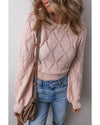 Gossamer Pink Openwork Plaid Puff Sleeve Cropped Sweater - XL