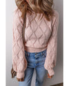 Gossamer Pink Openwork Plaid Puff Sleeve Cropped Sweater - XL