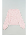 Gossamer Pink Openwork Plaid Puff Sleeve Cropped Sweater - XL