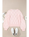 Gossamer Pink Openwork Plaid Puff Sleeve Cropped Sweater - XL