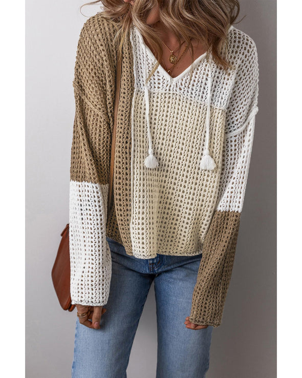 Brown Colorblock Hollow-out Front Tie V Neck Lightweight Sweater - L