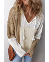 Brown Colorblock Hollow-out Front Tie V Neck Lightweight Sweater - XL