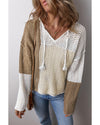 Brown Colorblock Hollow-out Front Tie V Neck Lightweight Sweater - XL