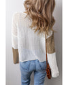 Brown Colorblock Hollow-out Front Tie V Neck Lightweight Sweater - XL