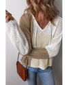 Brown Colorblock Hollow-out Front Tie V Neck Lightweight Sweater - XL