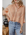 Apricot Pink Hollowed Knit 3/4 Dolman Sleeve Buttoned Collared Sweater - L