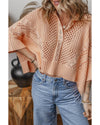 Apricot Pink Hollowed Knit 3/4 Dolman Sleeve Buttoned Collared Sweater - L
