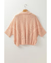 Apricot Pink Hollowed Knit 3/4 Dolman Sleeve Buttoned Collared Sweater - L