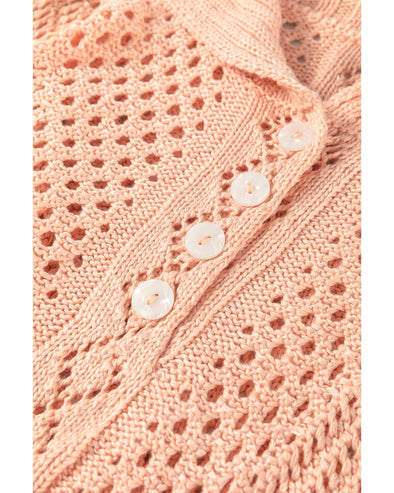 Apricot Pink Hollowed Knit 3/4 Dolman Sleeve Buttoned Collared Sweater - M