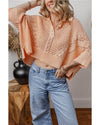 Apricot Pink Hollowed Knit 3/4 Dolman Sleeve Buttoned Collared Sweater - M