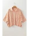 Apricot Pink Hollowed Knit 3/4 Dolman Sleeve Buttoned Collared Sweater - M