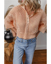 Apricot Pink Hollowed Knit 3/4 Dolman Sleeve Buttoned Collared Sweater - M